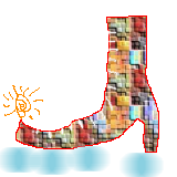 a brighly coloured hight-heeled roller-skate, with blurred laser-blue wheels and a decorative orange sparkle on the toe.